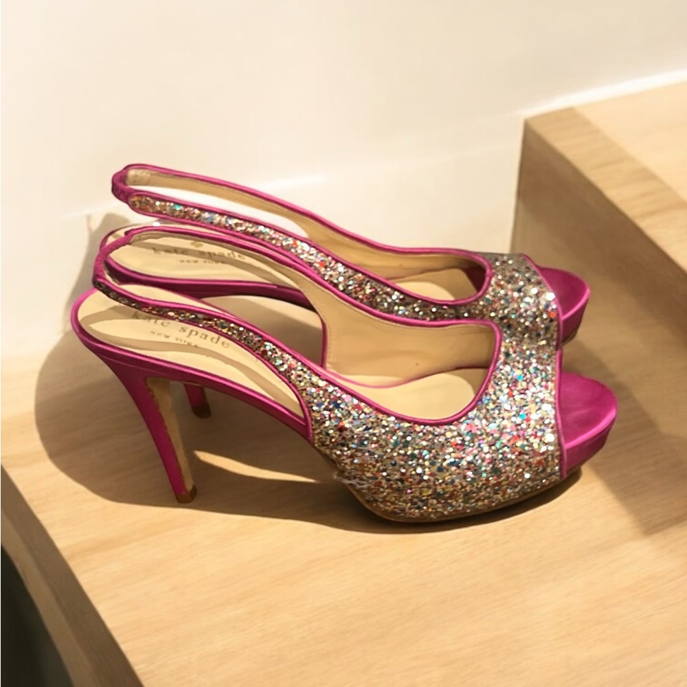 Kate Spade Glitzy Multi Glitter Fushia Platform Heels - Authentic Size 7.5 B.